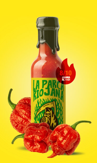 La Parca Riojana Carolina Rioja Reaper – intense hot sauce with Alegría Riojana peppers, Carolina Reaper, and aged Rioja red wine vinegar, 150ml bottle.