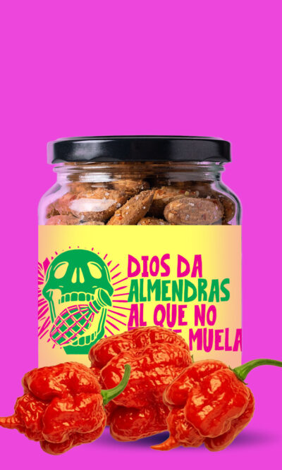 Hand-selected Spanish almonds perfectly toasted and coated with Carolina Reaper chili, extreme spicy snack from La Azada.
