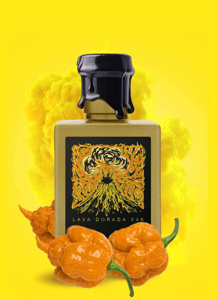 Lava Dorada 24k Gold Hot Sauce luxury bottle with shimmering 24-carat gold flakes, premium Spanish hot sauce in elegant gold packaging