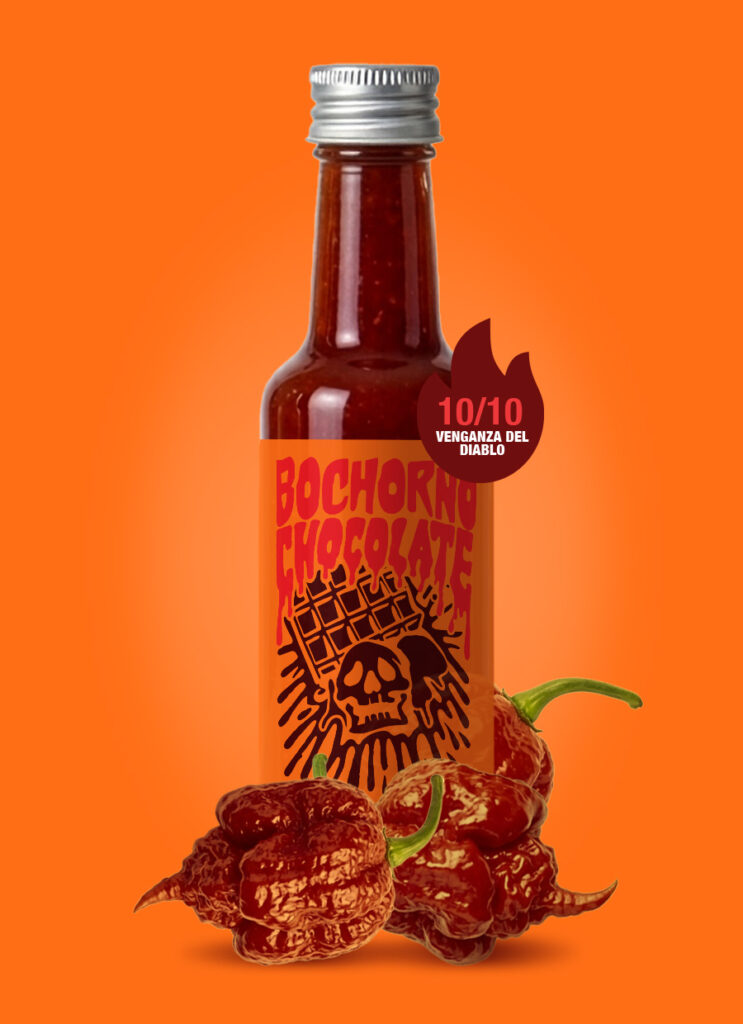 Revolucion del Fuego Chocolate Carolina Reaper hot sauce bottle for churros, crafted with beetroot ginger and cocoa Spain